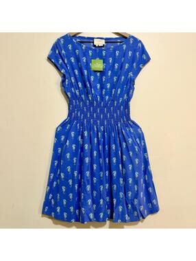 Designer NWT $398 Kate Spade Royal Blue Seahorse Smocked Pocket Summer Dress 👗